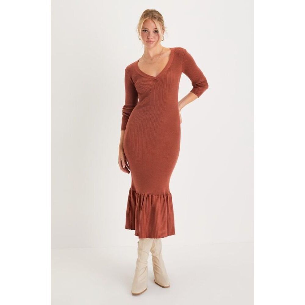 Lulus Warmest Cheer Rust Brown Ribbed Tiered Midi Sweater Dress - Size S